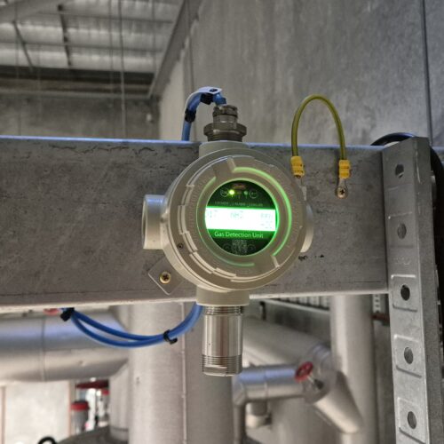 A green digital thermometer is secured to a metal pipe in a Plant Room Perth Cold Storage Facility in compliance with AS/NZS 60079
